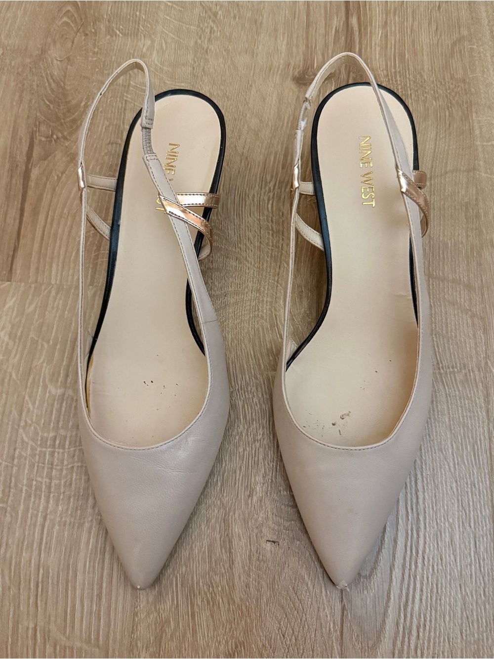 Nine West Beige Slingback Pointed Flats with Gold Accent